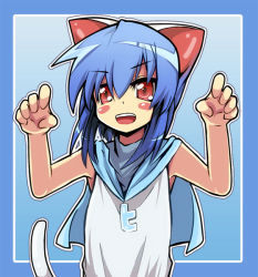 Rule 34 | 1girl, animal ears, aqua hair, blue hair, blush stickers, cat ears, cat tail, face, open mouth, paw pose, red eyes, short hair, solo, tail, tanashi (mk2), tom, twit-tan, twitter