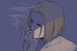Rule 34 | 1boy, bad id, bad pixiv id, blue eyes, brown hair, cigarette, collarbone, commentary request, dragon quest, dragon quest xi, facing to the side, from side, hand tattoo, hand up, head rest, hero (dq11), holding, holding cigarette, male focus, mondi hl, parted bangs, portrait, short hair, simple background, smoke, smoking, solo, tattoo, topless male