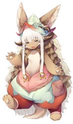 Rule 34 | 1other, androgynous, animal ears, barefoot, blunt bangs, chinese commentary, claws, colored eyelashes, commentary request, fake horns, full body, furry, hand up, helmet, highres, horizontal pupils, horned helmet, horns, leg up, looking at viewer, made in abyss, nanachi (made in abyss), open mouth, pouch, rabbit ears, short hair with long locks, shorts, shui miao, simple background, solo, standing, standing on one leg, whiskers, white background, white hair, yellow eyes