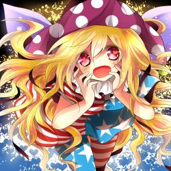 Rule 34 | 1girl, american flag dress, american flag legwear, bad id, bad pixiv id, blonde hair, blush, clownpiece, fairy wings, gradient background, hands on own face, hat, heart, heart-shaped pupils, heart background, jester cap, long hair, looking at viewer, negi (ngng 9), open mouth, pantyhose, print pantyhose, red eyes, short sleeves, smile, solo, star (symbol), striped, symbol-shaped pupils, touhou, wings