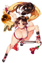Rule 34 | 1girl, ass, bare shoulders, bent over, blush, breasts, brown hair, cleavage, commentary request, fatal fury, gloves, hand fan, high ponytail, highres, large breasts, long hair, looking up, nail polish, parted lips, shiranui mai, simple background, solo, tamiya akito, the king of fighters, thighs, white background