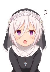 Rule 34 | 1girl, :o, ?, black dress, blush, commentary request, dress, habit, hair between eyes, itomi sayaka, looking at viewer, natsu (927013), nun, open mouth, purple eyes, short hair, silver hair, simple background, solo, toji no miko, traditional nun, upper body, veil, white background