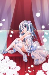 Rule 34 | 1girl, ass, breasts, dress, flower, frilled dress, frills, from side, hair flower, hair ornament, hand on own face, head rest, heijitsu (paapuu), high heels, highres, idolmaster, idolmaster cinderella girls, idolmaster cinderella girls starlight stage, kanzaki ranko, knees together feet apart, long hair, looking at viewer, medium breasts, navel, no panties, one side up, open clothes, open dress, outstretched arm, petals, purple eyes, shoes, side ponytail, silver hair, sitting, smile, solo, thighhighs, white dress, white footwear, white thighhighs