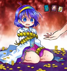 Rule 34 | 1girl, blue eyes, blue hair, blush, bound, bug, cape, card, centipede, coin, crying, gold, hairband, money, open mouth, pote (ptkan), rainbow, scared, short hair, solo, tears, tenkyuu chimata, tied up (nonsexual), touhou, unconnected marketeers, white cape, zipper