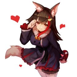 Rule 34 | 1girl, animal ear fluff, animal ears, arm behind back, bell, black hair, box, coat, commentary, fur-trimmed coat, fur trim, hair ornament, heart, heart-shaped box, highres, hololive, jingle bell, long hair, long sleeves, looking at viewer, multicolored hair, ookami mio, orange eyes, red hair, simple background, solo, streaked hair, sue (bg-bros), tail, tail wrap, valentine, virtual youtuber, white background, wolf ears