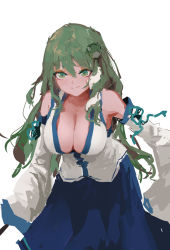 Rule 34 | 1girl, bent over, blue skirt, breasts, cleavage, detached sleeves, frog hair ornament, green eyes, green hair, hair ornament, hair tubes, highres, kochiya sanae, large breasts, long hair, looking at viewer, reddizen, simple background, skirt, snake hair ornament, solo, touhou, white background