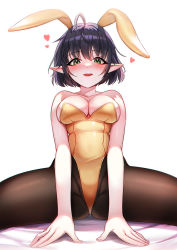 Rule 34 | 1girl, ahoge, animal ears, bare shoulders, breasts, brown pantyhose, cleavage, fake animal ears, green eyes, heart, large breasts, leotard, open mouth, original, pantyhose, picter, playboy bunny, pointy ears, purple hair, rabbit ears, short hair, simple background, sitting, smile, solo, spread legs, teeth, upper teeth only, white background