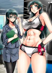 Rule 34 | 1girl, abs, bad id, bad pixiv id, bare shoulders, black hair, black pantyhose, blue eyes, blush, boxing gloves, breasts, cleavage, covered erect nipples, fingerless gloves, glasses, large breasts, long hair, looking at viewer, midriff, mixed martial arts, mma gloves, multiple views, navel, original, pantyhose, pencil skirt, punching bag, skirt, smile, standing, yamasaki masato