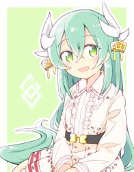 Rule 34 | 1girl, aged down, aqua hair, blush, commentary request, fate/grand order, fate (series), hair ornament, horns, japanese clothes, kimono, kiyohime (fate), long hair, looking at viewer, open mouth, outline, sitting, solo, very long hair, white outline, yamase, yellow eyes