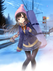 Rule 34 | 1girl, bag, beanie, black eyes, black hair, blue sky, blush, cardigan, checkered clothes, checkered skirt, cloud, day, eyebrows, forest, gloves, hair between eyes, hanekoto, hat, highres, knit hat, lamppost, long hair, looking at viewer, miniskirt, nature, original, pantyhose, pleated skirt, ribbon, scarf, school uniform, shoulder bag, skirt, sky, snow, solo, star (sky), tree