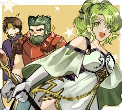 Rule 34 | 1girl, 2boys, annoyed, armor, axe, black eyes, border, breasts, brown hair, capelet, clothing cutout, collarbone, dozla (fire emblem), dress, facial hair, fire emblem, fire emblem: the sacred stones, frown, gloves, green eyes, green hair, grey gloves, grey hair, hair behind ear, headband, highres, holding, holding axe, holding staff, jacket, l&#039;arachel (fire emblem), looking at viewer, low ponytail, multiple boys, mustache, nintendo, omlililimo, open mouth, orange background, outside border, pointing, purple jacket, rennac (fire emblem), shoulder cutout, small breasts, smile, sparkle, staff, star (symbol), sweatdrop, white border, white capelet, white dress, white gloves, yellow headband