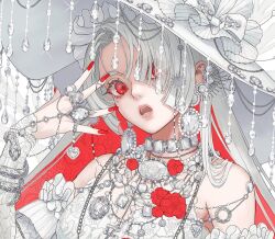 Rule 34 | 1girl, bare shoulders, chain, colored inner hair, crystal, earrings, fingernails, flower, frills, glint, grey hair, hair over one eye, hand up, hat, jewelry, long fingernails, long hair, long sleeves, looking at viewer, minami (minami373916), multicolored hair, multiple necklaces, multiple rings, open mouth, original, ornate ring, red eyes, red flower, red hair, red nails, ring, snake, solo, upper body, white hat