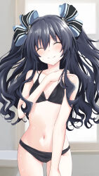 1girl bikini black_bikini black_bow black_hair blue_bow blush bow breasts choujigen_game_neptune closed_eyes collarbone commentary_request cowboy_shot feet_out_of_frame gluteal_fold hand_on_own_shoulder happy head_tilt highres iwashi_dorobou_-r- navel neptune_(series) panties sidelocks small_breasts smile solo sweat swimsuit two_side_up underwear uni_(neptunia)