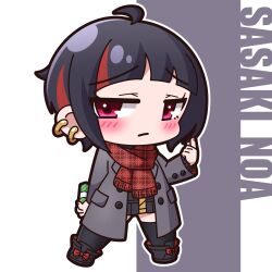 Rule 34 | 1girl, absurdres, ahoge, black footwear, black hair, black jacket, black thighhighs, blush, boots, character name, chibi, closed mouth, coat, commentary request, ear piercing, fringe trim, full body, grey background, grey coat, highres, jacket, looking at viewer, multicolored hair, open clothes, open coat, original, outline, piercing, plaid, plaid scarf, purple eyes, red hair, red scarf, saishosaisekojo, scarf, solo, standing, streaked hair, thighhighs, thighhighs under boots, unmoving pattern, white background, white outline