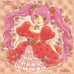 Rule 34 | 1girl, artist name, black corset, blunt bangs, brown background, commentary request, corset, cropped legs, dress, flower, food, frilled dress, frills, fruit, gloves, hair flower, hair ornament, heart, jewelry, looking to the side, mrnmikannn, necklace, one piece, perona, pink gloves, pink hair, puffy short sleeves, puffy sleeves, red dress, short sleeves, sidelocks, smile, solo, strawberry, twintails