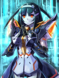 Rule 34 | 1girl, android, black hair, blue background, edobox, lisa (phantasy star online), lisa (pso2), looking at viewer, mecha musume, own hands together, pale skin, phantasy star, phantasy star online 2, red eyes, science fiction, smile, solo, steepled fingers