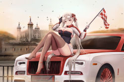 Rule 34 | 1girl, absurdres, alternate costume, azur lane, backless leotard, bow, breasts, car, character name, checkered flag, cleavage, copyright name, crossed legs, eyewear on head, flag, formidable (azur lane), glasses, gloves, hair bow, hair ribbon, high heels, highres, kcar66t, large breasts, leotard, leotard under clothes, london, long hair, looking at viewer, miniskirt, motor vehicle, product placement, race queen, real world location, revision, ribbon, rolls-royce, rolls-royce wraith, shoes, shrug (clothing), single shoe, sitting, skirt, thighhighs, tower of london, twintails