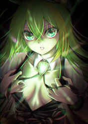 Rule 34 | 1girl, absurdres, alina gray, black necktie, black vest, blush, breasts, brooch, clothes grab, collar, cross tie, detached collar, fur cuffs, gem, glowing, green eyes, green gemstone, green hair, hair between eyes, highres, jewelry, lapels, long hair, magia record: mahou shoujo madoka magica gaiden, magical girl, mahou shoujo madoka magica, medium breasts, multicolored hair, necktie, notched lapels, open mouth, pink lips, puffy short sleeves, puffy sleeves, satom, see-through, see-through sleeves, short sleeves, sidelocks, solo, streaked hair, upper body, v-neck, vest, white collar