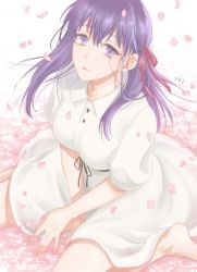 Rule 34 | 1girl, artist name, barefoot, black ribbon, breasts, cherry blossoms, dress, fate/stay night, fate (series), floating hair, from above, hair between eyes, hair ribbon, large breasts, long hair, looking at viewer, matou sakura, official alternate costume, orii (orii i), parted lips, purple eyes, purple hair, red ribbon, rei no himo, ribbon, short dress, short sleeves, sitting, solo, sundress, wariza, white background, white dress