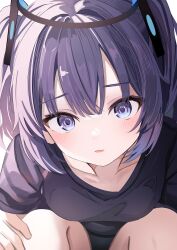Rule 34 | 1girl, black shirt, blue archive, commentary request, gym shirt, gym uniform, halo, highres, long hair, looking at viewer, official alternate costume, parted bangs, parted lips, purple eyes, purple hair, shirt, short sleeves, sidelocks, simple background, solo, squatting, touyou (39kir), triangle hair ornament, two side up, yuuka (blue archive), yuuka (track) (blue archive)