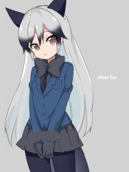 Rule 34 | 10s, 1girl, animal ears, black bow, black gloves, black hair, black pantyhose, black skirt, blazer, blue jacket, blue necktie, bow, bowtie, breast pocket, brown eyes, buttons, character name, commentary, cowboy shot, dot nose, english text, expressionless, eyelashes, fox ears, fox tail, fur-trimmed sleeves, fur trim, gloves, gradient hair, grey background, grey hair, hair between eyes, head tilt, ica, jacket, kemono friends, long hair, long sleeves, looking at viewer, multicolored hair, necktie, open mouth, own hands clasped, own hands together, pantyhose, pleated skirt, pocket, silver fox (kemono friends), simple background, skirt, solo, tail, tsurime, two-tone hair