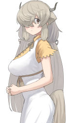 Rule 34 | 1girl, absurdres, animal ears, bad id, bad pixiv id, bare arms, breasts, brown eyes, dress, extra ears, from side, grey hair, hair over one eye, highres, horns, kemono friends, large breasts, long hair, looking at viewer, looking to the side, low twintails, one eye covered, own hands together, short sleeves, simple background, solo, tail, twintails, very long hair, white background, white dress, yak (kemono friends), zuchi00