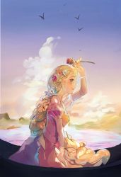 Rule 34 | 1girl, absurdres, bird, blonde hair, blue flower, blue sky, braid, breasts, closed mouth, cloud, cloudy sky, commentary, commentary request, dress, english commentary, eyelashes, flower, from side, green eyes, hair flower, hair ornament, hand on lap, hand up, happy, highres, holding, holding flower, horizon, juliet sleeves, light blush, long braid, long hair, long sleeves, looking afar, mountain, orange flower, orange sky, outdoors, procreate (medium), profile, puffy sleeves, purple dress, purple flower, rapunzel (disney), red flower, red rose, rokku, rose, sideboob, sitting, sky, small breasts, smile, solo, striped, striped sleeves, sunset, tangled, tareme, water, white flower, yellow sky