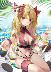 Rule 34 | 1girl, akatsuki hijiri, bare shoulders, bikini, blonde hair, blush, breasts, cleavage, earrings, ereshkigal (fate), fate/grand order, fate (series), highres, innertube, jewelry, large breasts, long hair, looking at viewer, medium breasts, navel, open mouth, parted bangs, red eyes, smile, solo, swim ring, swimsuit, thighs, two side up