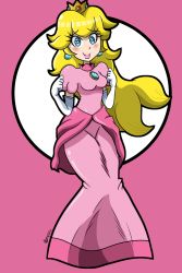 Rule 34 | 1girl, blonde hair, blue eyes, blush, breasts, closed mouth, commentary, cronocain, crown, earrings, elbow gloves, english commentary, full body, gloves, hands up, highres, jewelry, lipstick, long hair, looking at viewer, makeup, mario (series), nintendo, pink background, pink lips, princess peach, puffy short sleeves, puffy sleeves, short sleeves, signature, smile, solo, super mario bros. 1, two-tone background, white background, white gloves