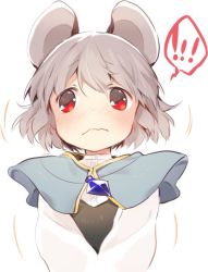 Rule 34 | !, 1girl, akagashi hagane, animal ears, black vest, blue capelet, blush, capelet, commentary request, embarrassed, grey hair, heart, heart-shaped pupils, jewelry, long sleeves, mouse ears, nazrin, nose blush, pendant, red eyes, shirt, short hair, simple background, solo, spoken exclamation mark, symbol-shaped pupils, touhou, upper body, vest, wavy mouth, white background, white shirt