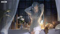 Rule 34 | 1girl, aether gazer, bookshelf, character request, cup, curtains, drinking glass, flower, lamp, long hair, night, no pants, official art, rain, shirt, vase, white shirt, window, wine glass