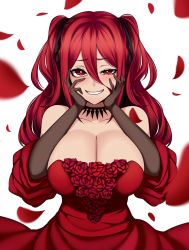 Rule 34 | 1girl, aka noju, bare shoulders, blush, breasts, cleavage, collarbone, commentary request, dress, elbow gloves, falling petals, flower, gloves, grin, hair between eyes, hands on own cheeks, hands on own face, highres, hz (666v), jewelry, large breasts, long hair, looking at viewer, necklace, original, petals, red dress, red eyes, red hair, rose, rose petals, smile, solo, twintails, white background, yandere