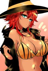 Rule 34 | 1girl, agetama, bare shoulders, blush, bra, breasts, cleavage, closed mouth, coat, dark skin, dark-skinned female, green eyes, hair between eyes, hat, highres, large breasts, long hair, looking at viewer, navel, open clothes, open coat, original, red hair, solo, stomach, underwear, undressing, upper body, witch, witch (agetama), witch hat, yellow bra
