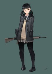 Rule 34 | 1girl, absurdres, battle rifle, black eyes, full body, grey background, gun, h&amp;k g3, highres, holding, holding weapon, jacket, karamas, looking at viewer, magazine (weapon), original, pantyhose, rifle, simple background, solo, thighhighs, twintails, weapon