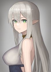 Rule 34 | 1girl, bare shoulders, bright pupils, closed mouth, elf, green eyes, grey background, grey hair, hair between eyes, janoukyo19, long hair, original, pointy ears, single bare shoulder, solo, upper body, white pupils