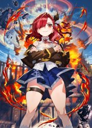 Rule 34 | 1girl, absurdres, bare shoulders, blue skirt, blue sky, breasts, castle, cleavage, explosion, fire, highres, homura (homuseka), jacket, long sleeves, looking at viewer, medium breasts, medium hair, mika pikazo, official art, open clothes, pleated skirt, red eyes, red hair, shirt, skirt, sky, smile, solo, standing, waga homura ni hirefuse sekai, white shirt