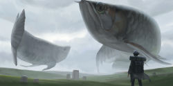 Rule 34 | 1boy, arowana, backpack, bag, black hair, black pants, cloud, cloudy sky, commentary request, day, facing away, field, fish, from behind, grass, grey background, grey sky, highres, izna (iznatic), long sleeves, male focus, original, outdoors, overcast, pants, scenery, sky, solo, standing, wide shot