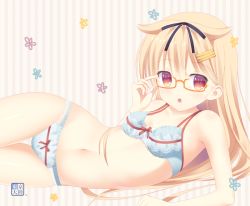 Rule 34 | 1girl, adjusting clothes, adjusting headwear, artist logo, artist name, bespectacled, blonde hair, blue bra, blue panties, bow, bow bra, bow panties, bra, breasts, commentary, frilled bra, frills, glasses, hair flaps, hair ornament, hairclip, kantai collection, kurasawa kyoushou, lingerie, long hair, looking at viewer, lying, navel, on side, open mouth, orange-framed eyewear, panties, red eyes, semi-rimless eyewear, small breasts, solo, striped, thigh gap, under-rim eyewear, underwear, underwear only, vertical stripes, yuudachi (kancolle)