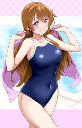 Rule 34 | 1girl, absurdres, blue one-piece swimsuit, blush, brown hair, closed mouth, collarbone, covered navel, cowboy shot, hands up, highres, holding, holding towel, konoe kanata, long hair, looking at viewer, love live!, love live! nijigasaki high school idol club, one-piece swimsuit, pink nails, purple eyes, raised eyebrows, school swimsuit, smile, solo, swimsuit, thighs, towel, wavy hair, yopparai oni
