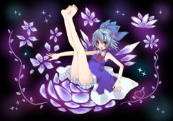 Rule 34 | 1girl, bad id, bad pixiv id, bloomers, blue hair, cirno, dress, embodiment of scarlet devil, female focus, flower, full body, gradient background, himaki, plant, ribbon, short hair, solo, touhou, underwear, white bloomers, wings