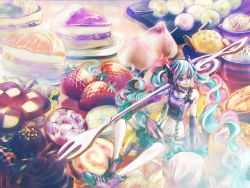 Rule 34 | 1girl, aqua eyes, aqua hair, bad id, cake, checkerboard cookie, cookie, cream, female focus, food, fork, fruit, hatsune miku, headphones, headset, ice cream, in food, long hair, midriff, mini person, minigirl, multicolored hair, navel, pastry, pink hair, project diva, project diva (series), shoes, sitting, skirt, smile, so-da, solo, strawberry, twintails, very long hair, vocaloid, white hair