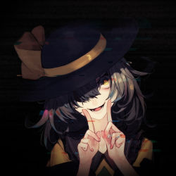 Rule 34 | 1girl, black background, chromatic aberration, commentary, crazy eyes, english commentary, fingersmile, grey hair, grin, hair over one eye, hat, hat ribbon, head tilt, komeiji koishi, looking at viewer, lower teeth only, ribbon, ringed eyes, short hair, simple background, smile, solo, teeth, touhou, tunamayo (dsasd751), upper body, yellow eyes