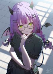 Rule 34 | 1girl, absurdres, belt, black shirt, blush, braid, corset, demon tail, demon wings, ear piercing, ears visible through hair, glasses, green eyes, hair ornament, hairclip, highres, hololive, horns, long hair, looking at viewer, maria onnette, multicolored hair, necktie, piercing, pink hair, purple hair, purple necktie, shirt, skirt, smile, solo, streaked hair, tail, tokoyami towa, twin braids, twintails, virtual youtuber, wings