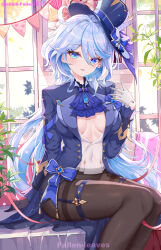 Rule 34 | 1girl, absurdres, ahoge, artist name, ascot, asymmetrical gloves, black gloves, black jacket, black pantyhose, blue ascot, blue brooch, blue eyes, blue hair, blush, bow, breasts, center opening, covered navel, cowboy shot, fallen-leaves, furina (genshin impact), genshin impact, gloves, hair between eyes, hat, heterochromia, highres, indoors, jacket, long hair, looking at viewer, medium breasts, mismatched gloves, multicolored hair, navel, open clothes, open jacket, pantyhose, sidelocks, sitting, smile, solo, streaked hair, top hat, two-tone hair, window