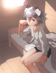 Rule 34 | 1girl, absurdres, animal ears, bare legs, bright pupils, brown eyes, closed mouth, grey hair, grey shirt, highres, indoors, legs together, long sleeves, mouse ears, nazrin, on bed, one eye closed, reiga (act000), shirt, short hair, sitting, solo, touhou, waking up, white pupils, wiping face