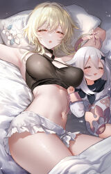 Rule 34 | 2girls, absurdres, armpits, arms up, bare arms, bare shoulders, bed sheet, black shirt, blanket, blonde hair, breasts, criss-cross halter, crop top, drooling, facing viewer, flower, frilled shorts, frills, genshin impact, hair between eyes, hair ornament, halterneck, head on pillow, highres, large breasts, lily (flower), lumine (genshin impact), lying, multiple girls, navel, on back, on bed, open mouth, paimon (genshin impact), pottsness, shirt, short hair with long locks, short shorts, shorts, sidelocks, sleeping, stomach, thighs, underwear, underwear only, unworn hair ornament, white flower, white hair