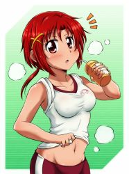 Rule 34 | 10s, 1girl, :o, blush, bottle, clothes lift, collarbone, groin, hair ornament, hairclip, hino akane (smile precure!), looking at viewer, maru takeo, navel, open mouth, precure, red eyes, red hair, shirt, shirt lift, short hair, sleeves rolled up, smile precure!, solo, steam, sweat, taut clothes, taut shirt