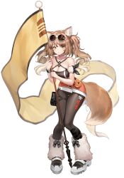 Rule 34 | 1girl, absurdres, animal ear fluff, animal ears, armband, bare shoulders, black pantyhose, blonde hair, blush, boots, bracelet, breasts, cameltoe, cat ears, cat girl, cat tail, cleavage, collarbone, criss-cross halter, eyewear on head, flag, full body, fur boots, gradient hair, green eyes, halterneck, highres, holding, holding flag, jewelry, knees together feet apart, large breasts, light brown hair, looking at viewer, multicolored hair, original, pantyhose, parted lips, pouch, red skirt, simple background, skirt, solo, sunglasses, tail, thigh pouch, wellsy, white background
