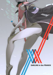 Rule 34 | 10s, 1girl, aqua eyes, ass, buttons, candy, copyright name, darling in the franxx, food, gluteal fold, hand on leg, hat, kinggainer, lollipop, long hair, looking at viewer, military, military hat, military uniform, nude, pink hair, plantar flexion, smirk, solo, uniform, very long hair, zero two (darling in the franxx)
