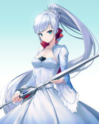 Rule 34 | 1girl, absurdres, blue eyes, breasts, closed mouth, collarbone, commentary, dress, earrings, eyelashes, feet out of frame, gradient background, high collar, high ponytail, highres, holding, holding sword, holding weapon, jacket, jewelry, blue background, long hair, long sleeves, looking at viewer, moon (restire), myrtenaster, open clothes, open hand, open jacket, ponytail, rwby, simple background, sleeves past wrists, small breasts, solo, standing, swept bangs, sword, tiara, two-tone background, very long hair, weapon, weiss schnee, white background, white dress, white hair, white jacket, wide sleeves